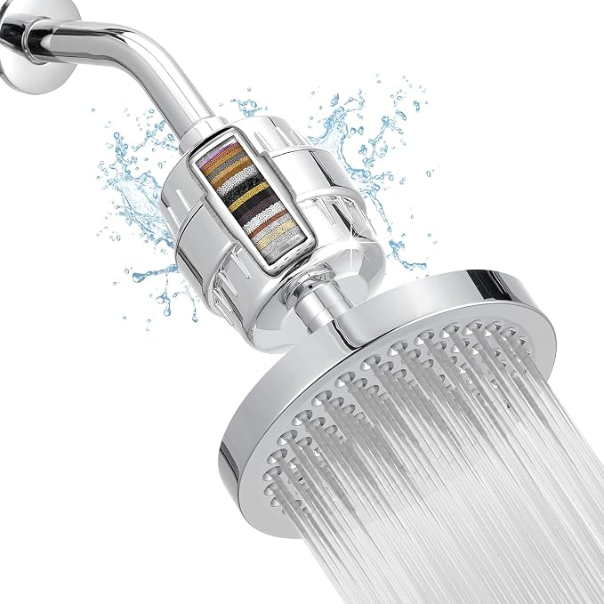 High Pressure Filtered Shower Head Set, 6’’ Rain Shower Filter for Hard Water, Universal Round Showerhead 20 Stage Filtration Removes Impurities for Rejuvenated Skin by Eolax, Chrome