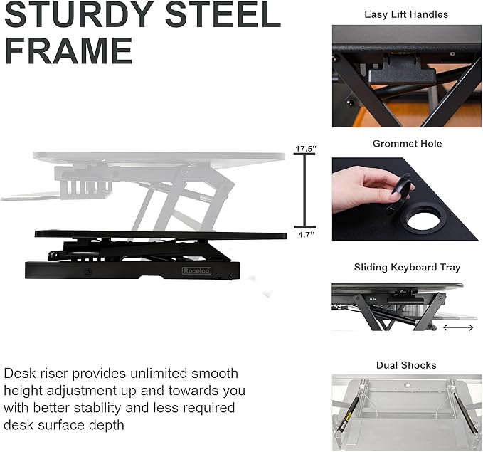 Rocelco 45" Height Adjustable Standing Desk Converter - Slide Out Retractable Keyboard Tray - Sit Stand Up Triple Monitor Riser - Dual Piston Lift Tabletop Computer Workstation - Black (R ADRB-45)