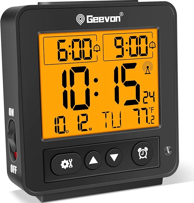 Geevon Small Atomic Travel Alarm Clock with Auto/8s Backlight, 2 Alarm Settings, Temperature, Increasing Beep Sounds Digital Atomic Travel Clock Battery Operated for Bedroom, Bedside, Black
