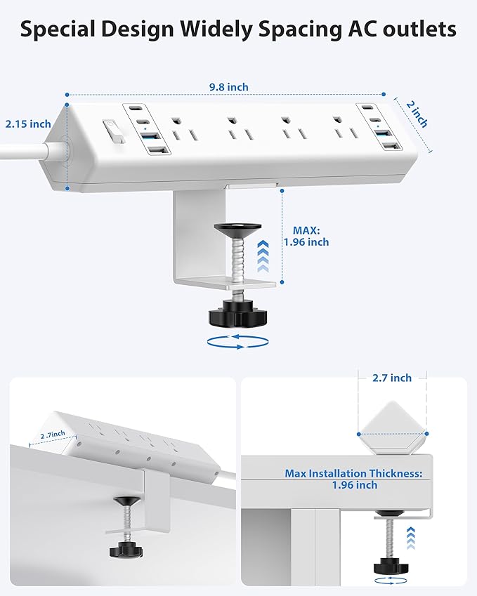 40W Fast Charging Station,Desk Clamp Power Strip 20W USB C,8 Outlets,8 USB Ports,4 USB C 4 USB A,Nightstand Edge Mount Surge Protector, 14AWG Cord, Fits 1.9" Tabletop Edge for Office,Home Furniture