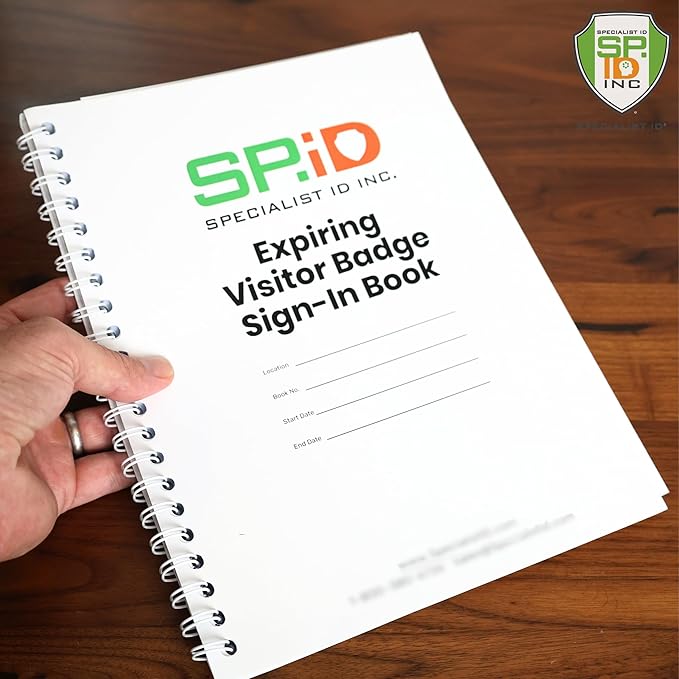 Specialist ID Visitor Log Book for Business or Schools - Expiring Visitor Sticker Badges and Sign in Book with Carbon Copy Record Keeping for Guest Tracking - Spiral Binder Registry (200 Badges)