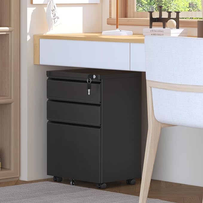 INTERGREAT 3 Drawer Mobile File Cabinet with Lock, Metal Filing Cabinets for Home Office, Rolling Under Desk Organizer for Letters/Legal/A4, (Fully Assembled-Black)