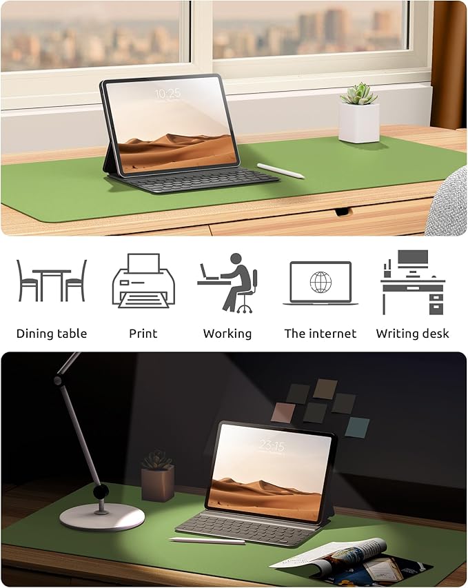 YSAGi Leather Desk Protector, Office Mat, Large Mouse Mat, Non-Slip PU Leather Blotter, Laptop Pad, Waterproof Writing Pad for Office and Home (Leaf Green, 23.6" x 13.8")