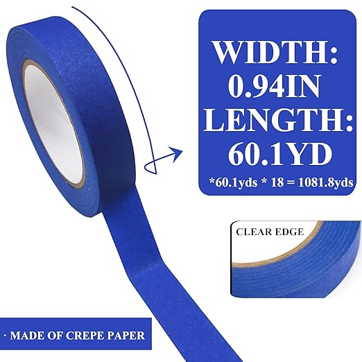 Premium Blue Tapes, Painters Tape, Masking Tape (1081.8yd =0.94IN*60.1yd*18 Rolls), Medium Adhesion, Edge-Lock, Multi-Surface Painter's Paper Tape for Walls Painting Supplies, Packing Labeling