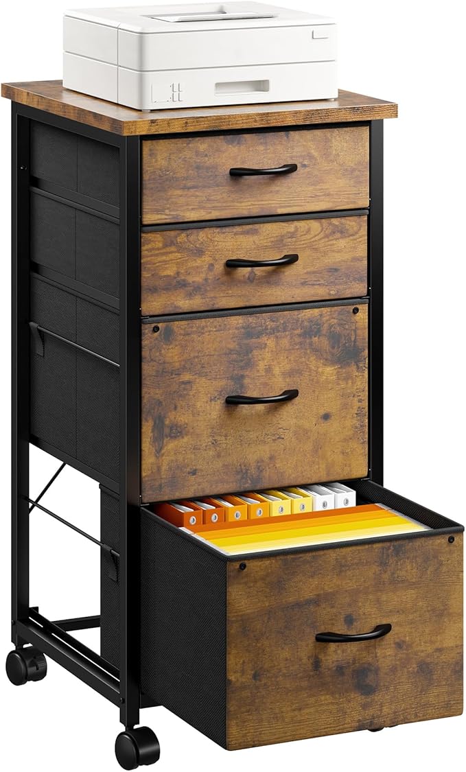 4 Drawers Mobile File Cabinet Vertical Filing Cabinet with Fabric Drawer Fits A4/Letter Size Printer Stand for Home Office，Rustic Brown