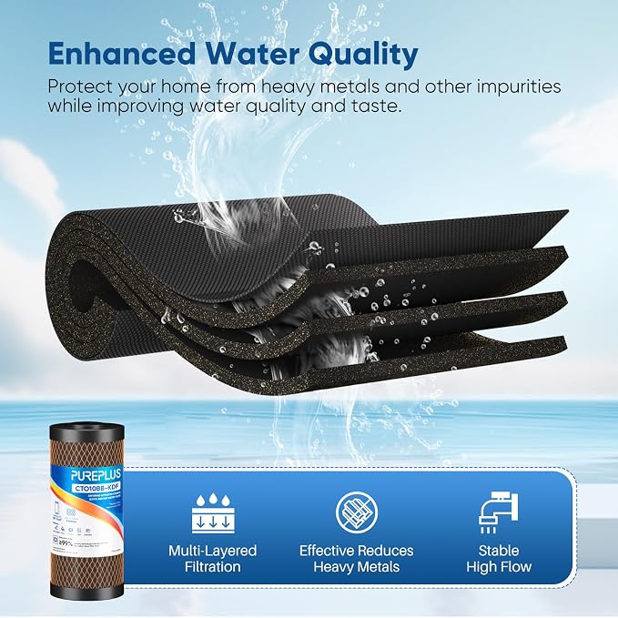PUREPLUS 1 Micron 10" x 4.5" Whole House Coconut Shell Activated Carbon and KDF Water Filter, Heavy Metal Removal Replacement Water Filter, Compatible with GXWH40L, GXWH35F, BB10, CTO10BB-KDF, 3 PACK