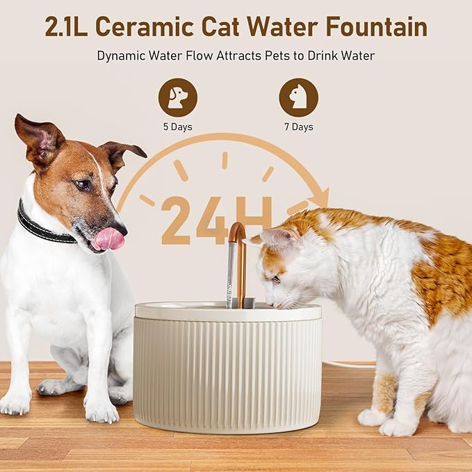 DOOOB Ceramic Cat Water Fountain, 2.1L/71oz Ceramic Cat Fountains, Automatic Pet Water Fountain for Cats, Pet Water Fountain with Ultra-Quiet Pump and 3 Filters & 3 Sponges (Beige)