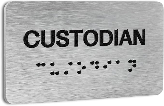 Custodian Signs for Business and Office Sign, ADA Signs with Raised Text & Grade 2 Braille, Easy Installation with Adhesive Pad – Brushed Aluminum/Silver
