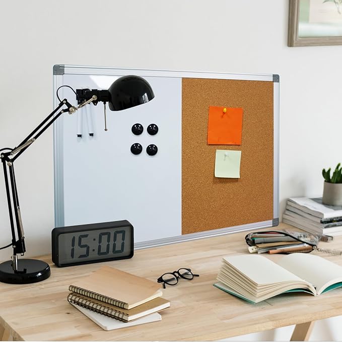Combination Writeboard 36"x 24" Magnetic Whiteboard & Cork Board Aluminium Frame Dry Erase Board Bulletin Board Wall Mounted Memo Message