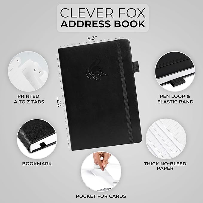 Clever Fox Address Book with alphabetic tabs - PU leather telephone and address book for keeping contacts safe, Contact Organizer Journal, Medium Size (5.3″ x 7.7″) Hardcover, Black