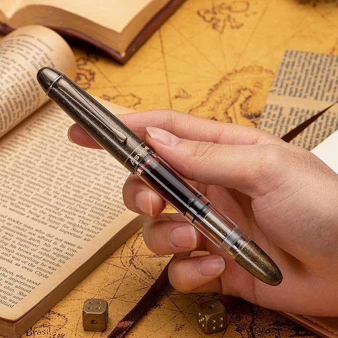 Asvine P30 Piston Fountain Pen Extra Fine, Retro Brass Style, Transparent Acrylic Large Ink Capacity Writing Gift Box