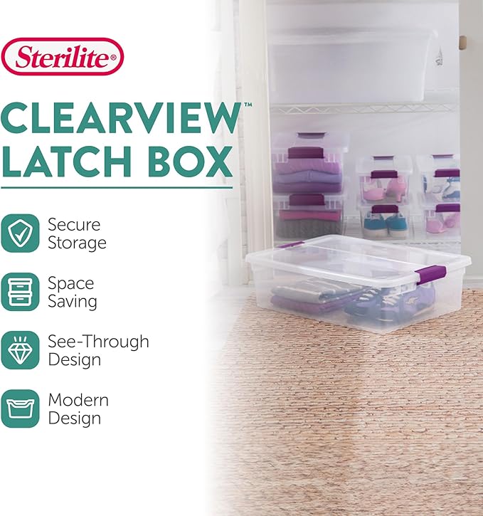 Sterilite 18-Pack 32 Quart ClearView Latch Box, Stackable Organizer Bins with Latching Lids - Clear Plastic Organization Containers for Closet, Bedroom, Shelving Units and Everyday Home Storage