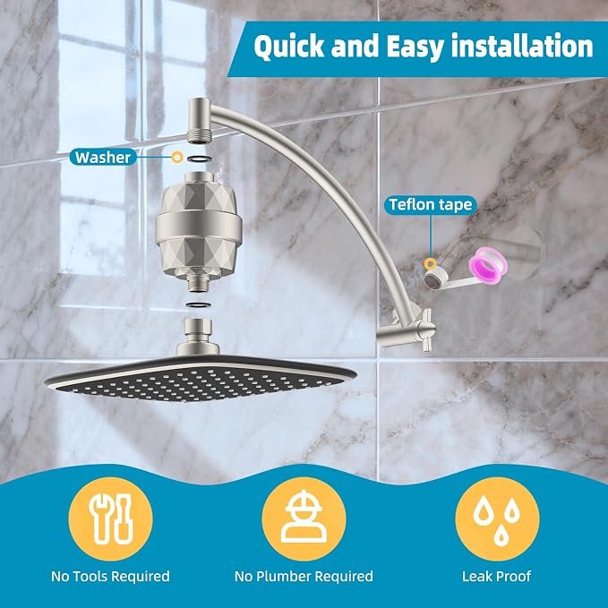 iFealClear Filtered Rain Shower Head with 12" Shower Extension Arm, 10" High-Pressure Boosting Rainfall Showerhead, Metal Shower Head Extender Adjustable Height/Angle, Easy to Install, Brushed Nickel