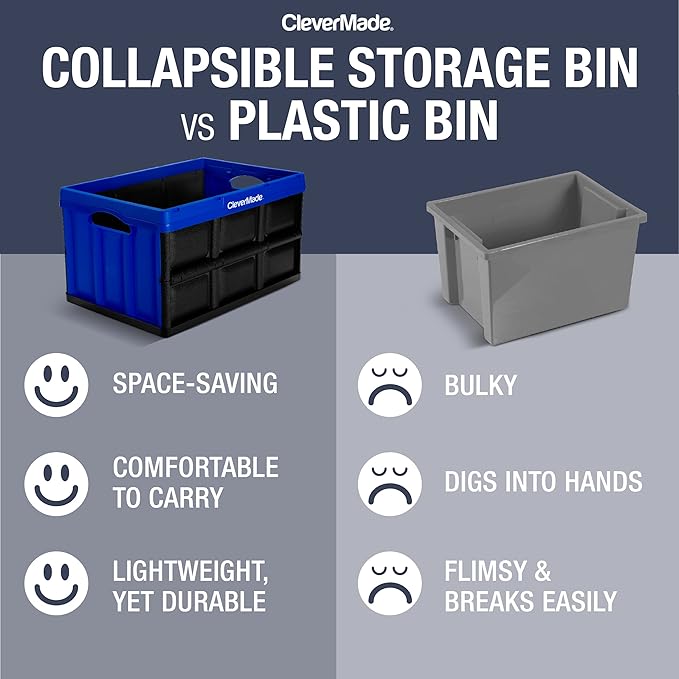 CleverMade Collapsible Storage Bins - Royal Blue 3 Pack 46L - Stackable Containers Heavy Duty Capacity Folding Crates - Space-Saving for Home