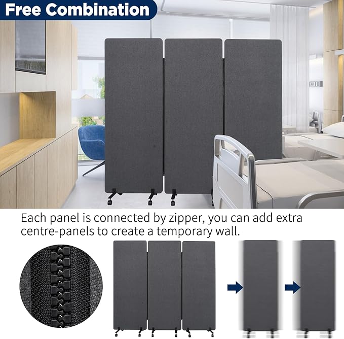 Sound Proof Dividers w/Wheels, Portable Office Wall Divider for Room Partition, Soundproof Room Divider Privacy Panel Partition Cubicle Wall Temporary Wall for Office (Dark, 3 Panel)