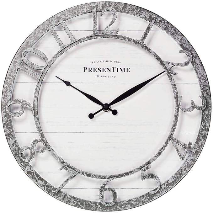 Presentime & Co 13" Farmhouse Series Wall Clock, Quartz Movement, Shiplap Style,Raised 3D Arabic Numeral, Galvanized Finish