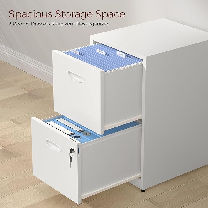 Kubohogar 2 Drawer File Cabinet with Lock,White Metal Filing Cabinets,Vertical Locking File Cabinet Fit Hanging Files, Letter,File Box and A4 Documents(White)