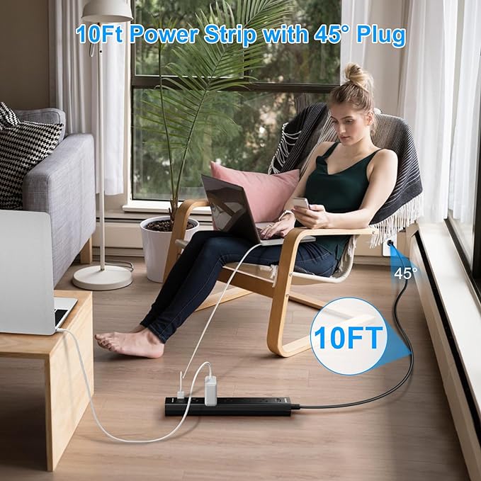 10FT Long Surge Protector Power Strip-with 5 Widely Outlets and 3 USB Ports(1 USB C Port),10 Foot Extension Cord(1250W/10A),Wall Mount for Home Office,700 J,Black(2 Pack)