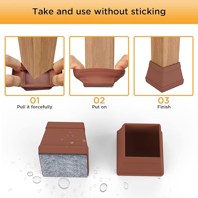 16 PCS Square Chair Leg Floor Protector, Silicone Chair Leg Cover, Furniture Leg Protectors with Felt, Mobile Table Leg pad, Protect The Floor from Scratches.1 1/2 in Brown.