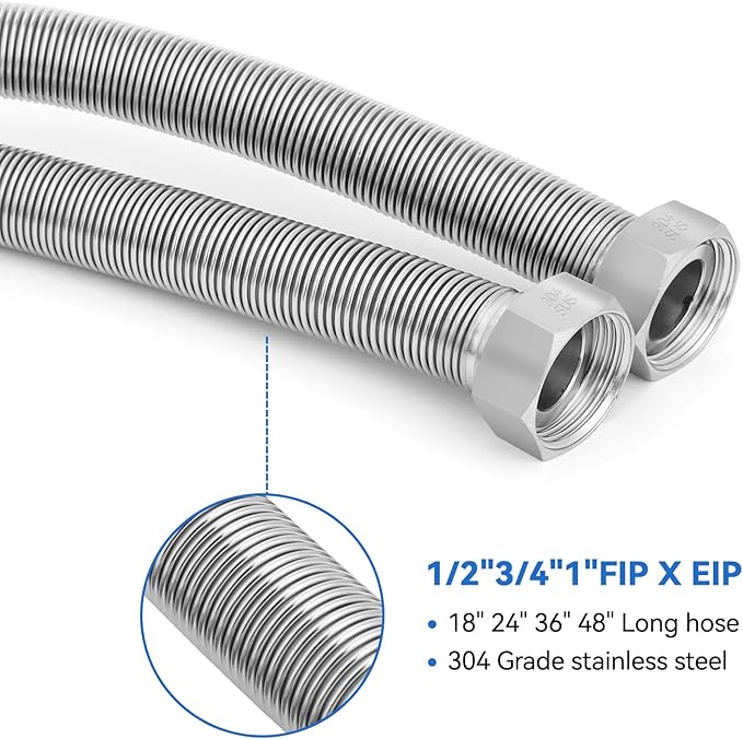 24 Inch Flexible Stainless Steel Corrugated Water Heater Connector Hose,1" FIP x 1" FIP,304 Stainless Steel Leak-Proof Flexible Line for Tankless Water Heater,Water Softener,RV,Boiler(1PCS)