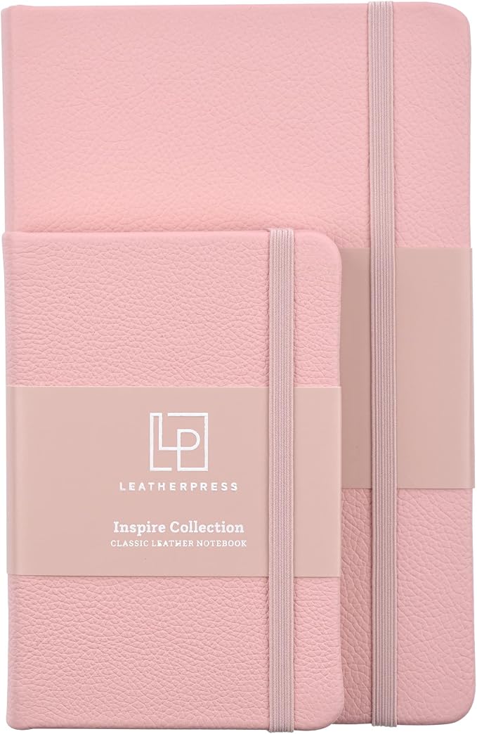 Leather Notebook, Writing Journal, Full-Grain Leather, Narrow Ruled Paper, Notebooks for Work & School, Quartz Pink (8.4" x 5.4”)