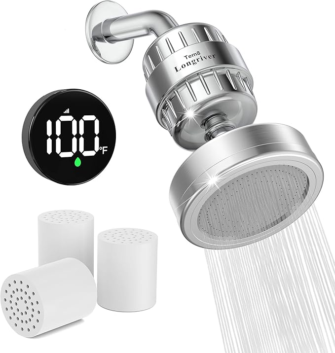 Tem8 Luxury Filtered Shower Head Set with Wireless Temperature Display, Dual Filtration Showerhead Filter, High Put Shower Filter for Hard Water with 3 Replaceable Tem8 Cartridges, Chrome