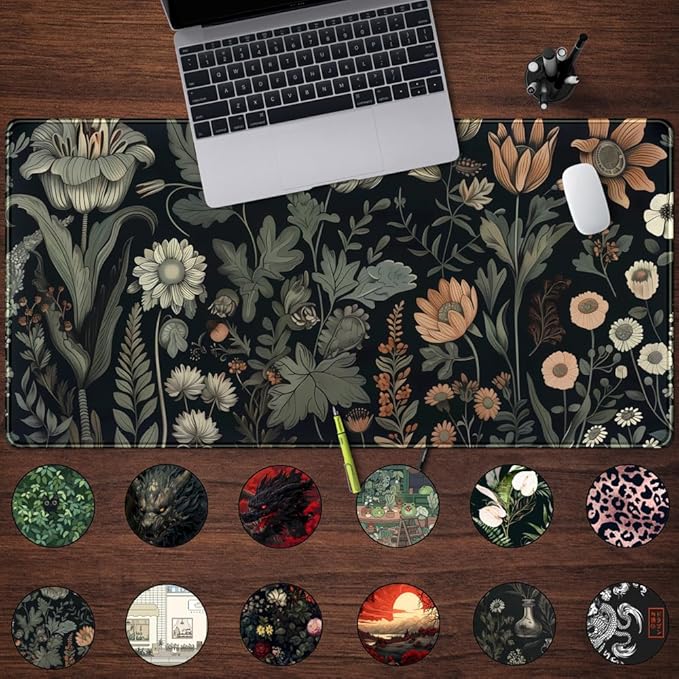Aesthetic Vintage Dark Flower Plants Wildflowers Large Gaming Mousepad XXL Keyboard Mouse Mat Full Desktop Mat Women Desk Cover Mat for Work Office Home 31.5x15.8 in