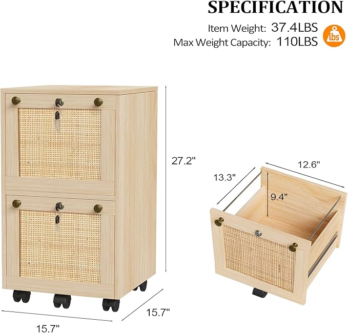 VINGLI 2 Drawer File Cabinet with Lock, Rolling File Cabinets for Home Office, Small Printer Stand, Wood Rattan Oak File Organizer, Under Desk Filing Cabinet on Wheels for Folders with Tabs