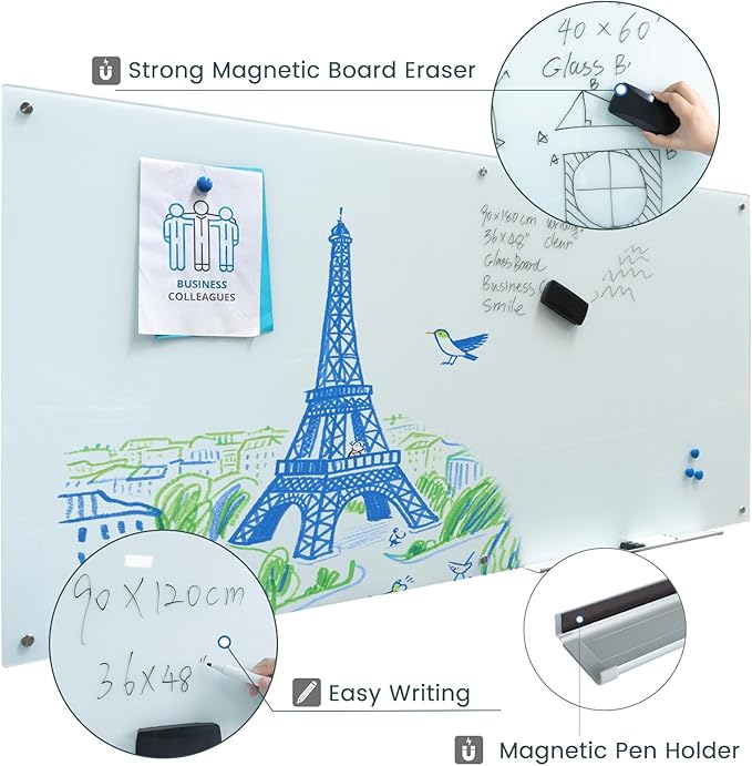 Magnetic Glass Dry Erase Board Frameless Wall Mounted White Board 40 * 72 WritingBoard Large Glass Board for Office School Home Accessory Tray, 3 Dry Erase Marker,4 Magnets and 1 Magnetic Eraser