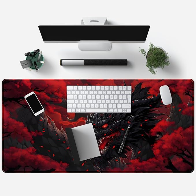 Huge Dragon Large Mouse Pad - Red and Black Mousepad, Big Full Keyboard and Mouse Pad with Stitched Edges, Anti-Slip, Funny Desk Pad, 31.5 X 15.8 in.