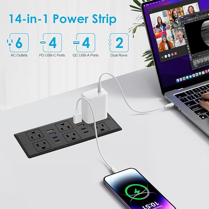 30W Recessed Power Strip USB C, Desk Flush Mount Outlet Plug in 6 AC & 8 USB Ports for Furniture Conference Power Hub, 6FT