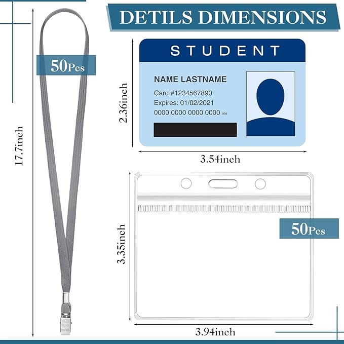 Marspark 50 Sets Clear Name Tags with Lanyard, Lanyards for ID Badges Reusable Strap with ID Holder Plastic Name Badges for Adults Business School Church Conference (Gray)