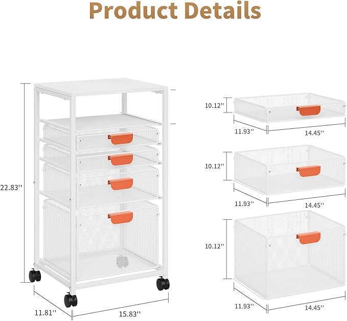 Marbrasse Rolling File Cart with 4 Storage Drawers, Mobile File Cabinet on Lockable Wheels, Hanging Filing Cabinet Organize, Under Desk Utility Cart for Home Office - White