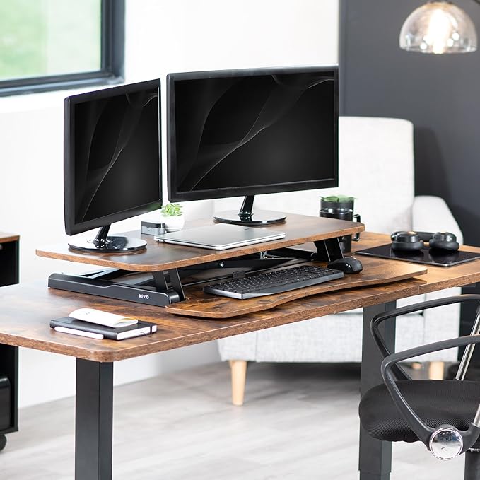 VIVO 36 inch Desk Converter, K Series, Height Adjustable Sit to Stand Riser, Dual Monitor and Laptop Workstation with Wide Keyboard Tray, Rustic Vintage Brown Top, Black Frame, DESK-V036KN