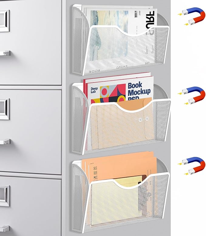 3 Pcs Magnetic File Holder for File Cabinets, Folder Holder Organizer- No Drilling Paper Document Holder, Large Capacity Office Hanging Magazine Rack for Refrigerator, Whiteboard, Office, Kitchen