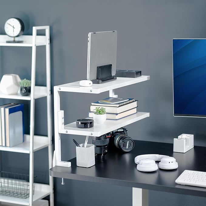 VIVO Clamp-on 24 inch Above or Below Desk 2-Tier Shelving Unit for Table Accessories, Gaming Devices, and More, Storage Tray, Desktop Organizer, White, STAND-SHELF24C-W