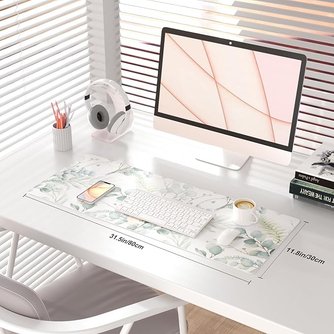 QIYI Large Mouse Pad for Desk, Cute Desk Mat for Desktop, Women Girls Green Office Décor Desk Accessories, PU Leather Waterproof Gaming Mousepad, Eucalyptus Leaf Desk Pad Computer Mat, 31.5" x 11.8"