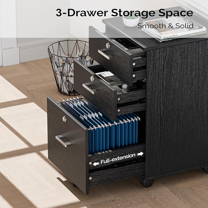 VINGLI 3-Drawer File Cabinet with Lock, Wood Rolling Filing Cabinets for Home Office, Mobile Printer Stand, Under Desk File Organizer for Letter Sized Files, 26" H(Caster Included), Black