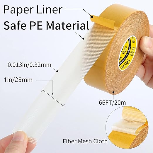 MILEQEE Double-Sided Tape Strong and Tough, 1in x 66FT(20m), Durable Duct Cloth Carpet Rugs Fiberglass Mesh Tape, High Stickiness 2 Sided, Multipurpose Removable Residue-Free, Easy Tear