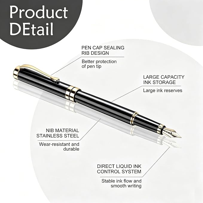 Tiankool Luxury Fountain Pen,Fine Nib, Exquisite Pen Gift Set for Men&Women-Includes 10 Ink Cartridges&Ink Converter- Nice Pens - Black