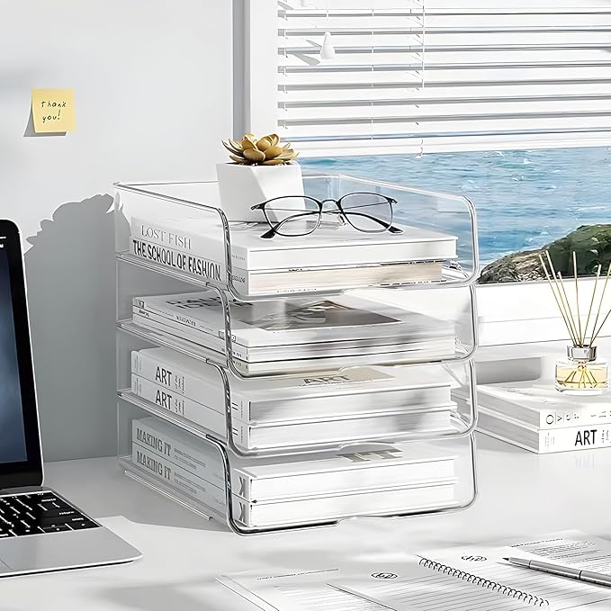 OUTIOE 4-Tier Paper Organizer for Desk, Stackable Desk Organizer Paper Tray, Ideal for Office Supplies, A4 Storage (Clear, 4-Tier)