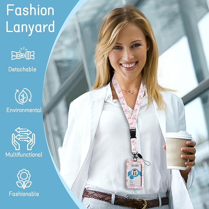Cute Bow Lanyards for ID Badges, Badge Holder with Lanyard Detachable, Badge Reel Retractable Keychain Clip, Vertical Cruise Ship Cards Holder Protector Name Tags, Teacher Nurse Office Women Gifts