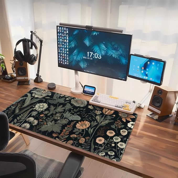 Aesthetic Vintage Dark Flower Plants Wildflowers Large Gaming Mousepad XXL Keyboard Mouse Mat Full Desktop Mat Women Desk Cover Mat for Work Office Home 31.5x15.8 in