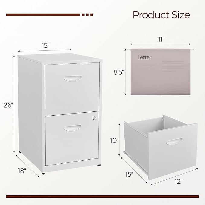 Kubohogar 2 Drawer File Cabinet with Lock,White Metal Filing Cabinets,Vertical Locking File Cabinet Fit Hanging Files, Letter,File Box and A4 Documents(White)