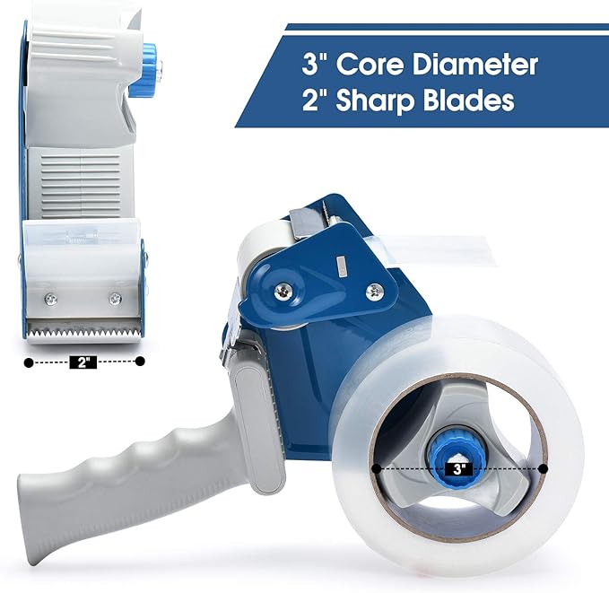 Packing Tape Dispenser Gun (2 Packs) Pacific Mailer 2 Inch Tape Gun Dispenser with 2 Inch Carton Packing Tape, Lightweight Industrial Side Loading Tape Dispenser - Blue