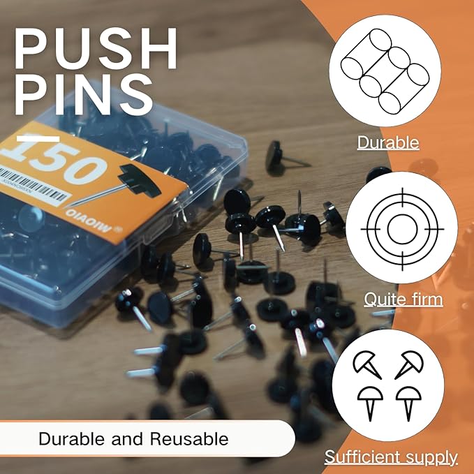 150 PCS Black Flat Push Pins for Wall Thumb Tacks for Walls Flat thumbtacks Push pin for Bulletin Board Shadow Box Display Thumbtack for Cork Board