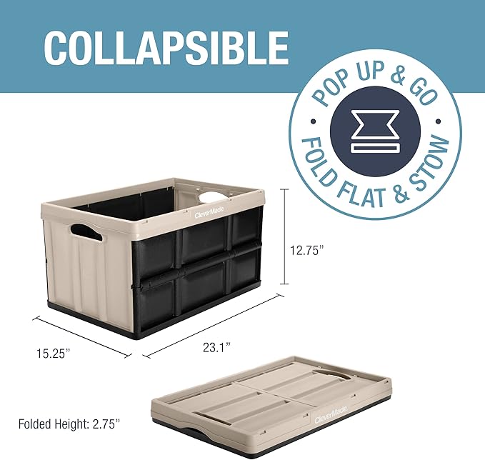 CleverMade Collapsible Storage Bins - Tan 3 Pack 62L - Stackable Containers Heavy Duty Capacity Folding Crates - Space-Saving for Home