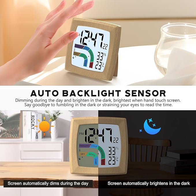 VOILEIPAGI Travel Alarm Clock Bedside Clock with Auto Backlight, Battery Powered Alarm Clock Temperature and Humidity, Second, Date, 12/24H, Wood Grained Small Clock Digital Alarm Clocks for Bedrooms