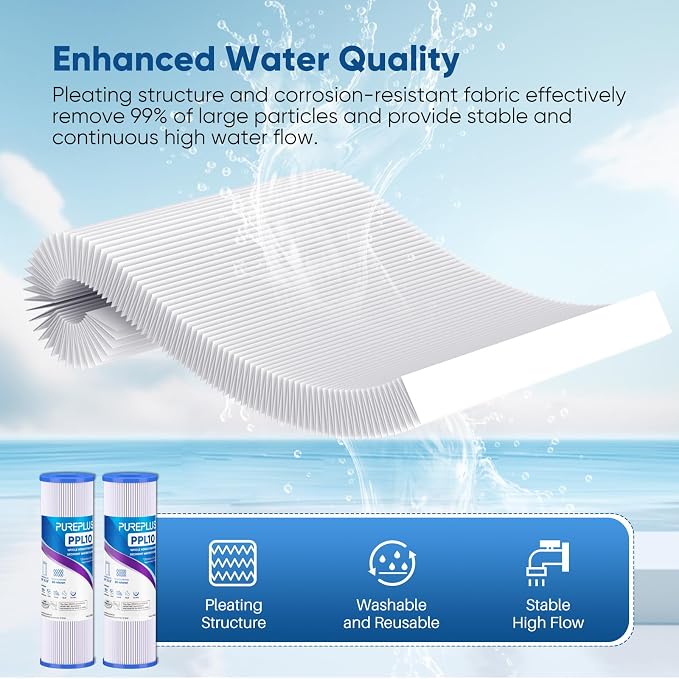 PUREPLUS 20 Micron 10"x2.5" Whole House Pleated Sediment Filter for Well Water, Replacement Cartridge for Universal 10 inch RO System, W50PE, WFPFC3002, SPC-25-1050, FM-50-975, 801-50, WB-50W, 4Pack