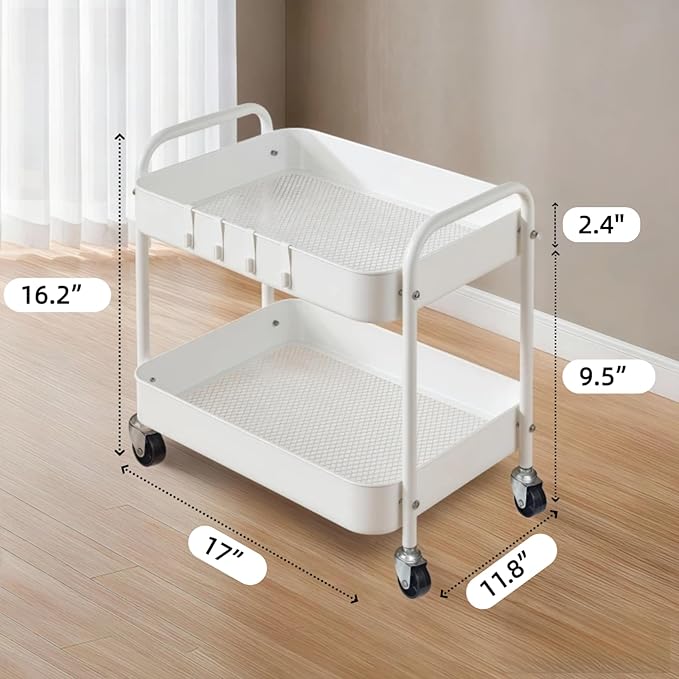 Ufriandz Under Desk Storage Cart 2 Tier Utility Rolling Cart with Wheels, Small Metal Mobile Trolley with Handle Two Tiered Utility Organizer Roller for Kitchen Office Bathroom Pantry Room, White
